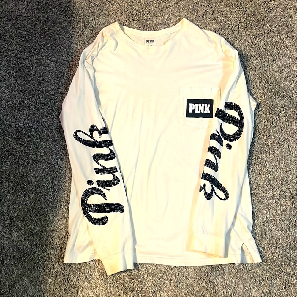 PINK, white long sleeve tee, size medium